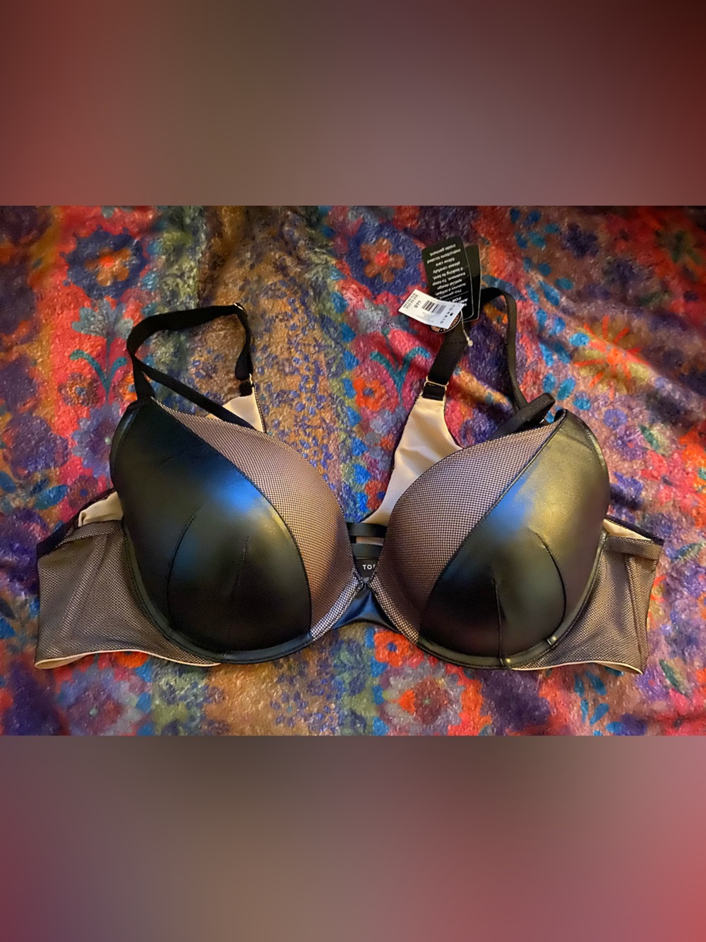 torrid Black and Beige Push-Up Bra 46B 360 smoothing faux leather and mesh NWT